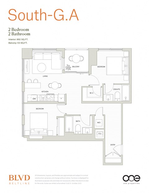 Floor plan for 2 beds, 2 baths, 892 sqft